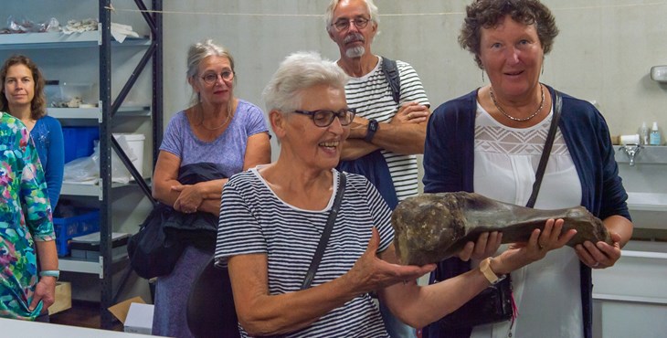 Twee dames bewonderen een mammoetbot in het archeologisch depot tijdens Open Monumentendag bij Erfgoed Zeeland.