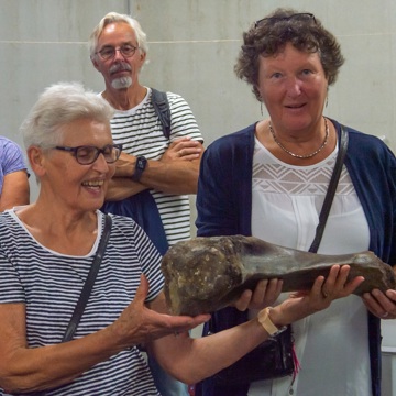 Twee dames bewonderen een mammoetbot in het archeologisch depot tijdens Open Monumentendag bij Erfgoed Zeeland.