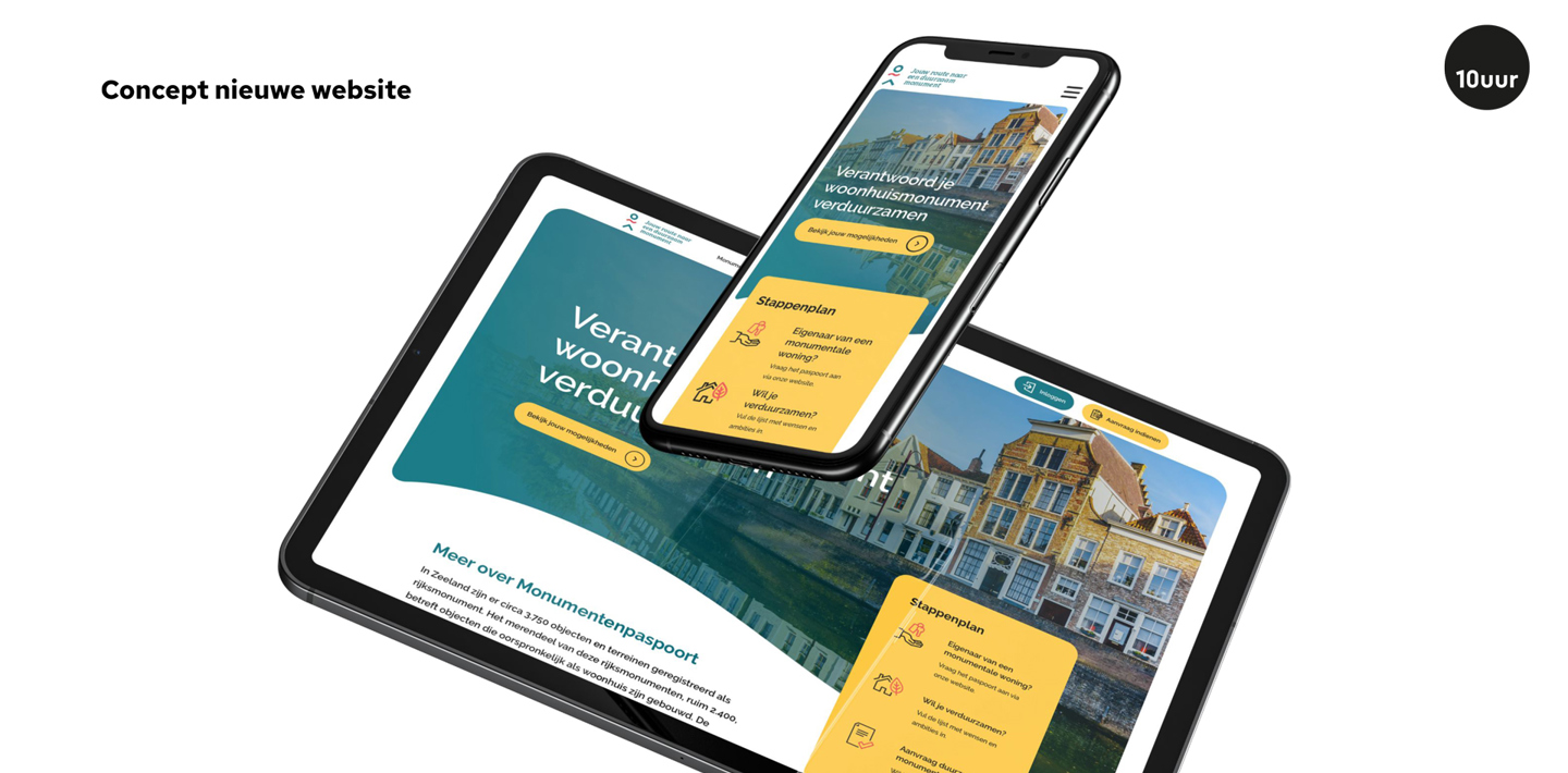 Visuele uitwerking van het ontwerp van de website duurzamemonumenten.nl op tablet en smartphone.