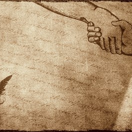 Tekening van twee handen die een contract sluiten en een inktfles met veer erin.