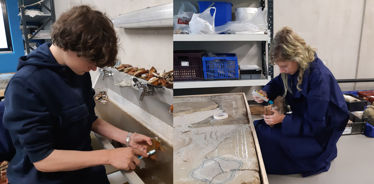 Scholieren Anna en Noah wassen en plakken aardewerkscherven in het archeologisch depot.