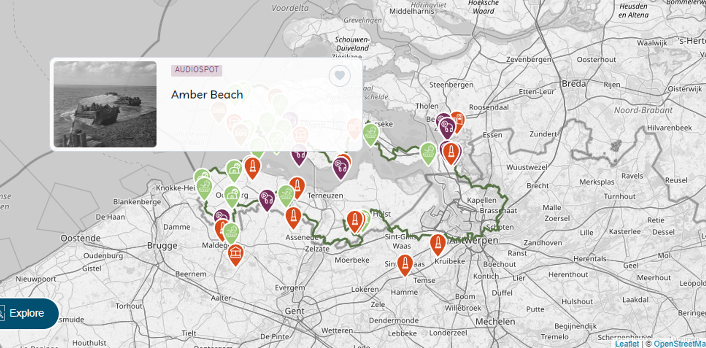Kaart met pointers die plekken in Zeeland markeren over de geschiedenis van de Slag om de Schelde.