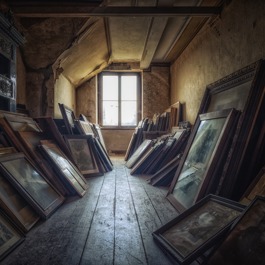 Oude zolder met klein raam, met aan beide zijde schilderijen tegen de muur gestapeld.