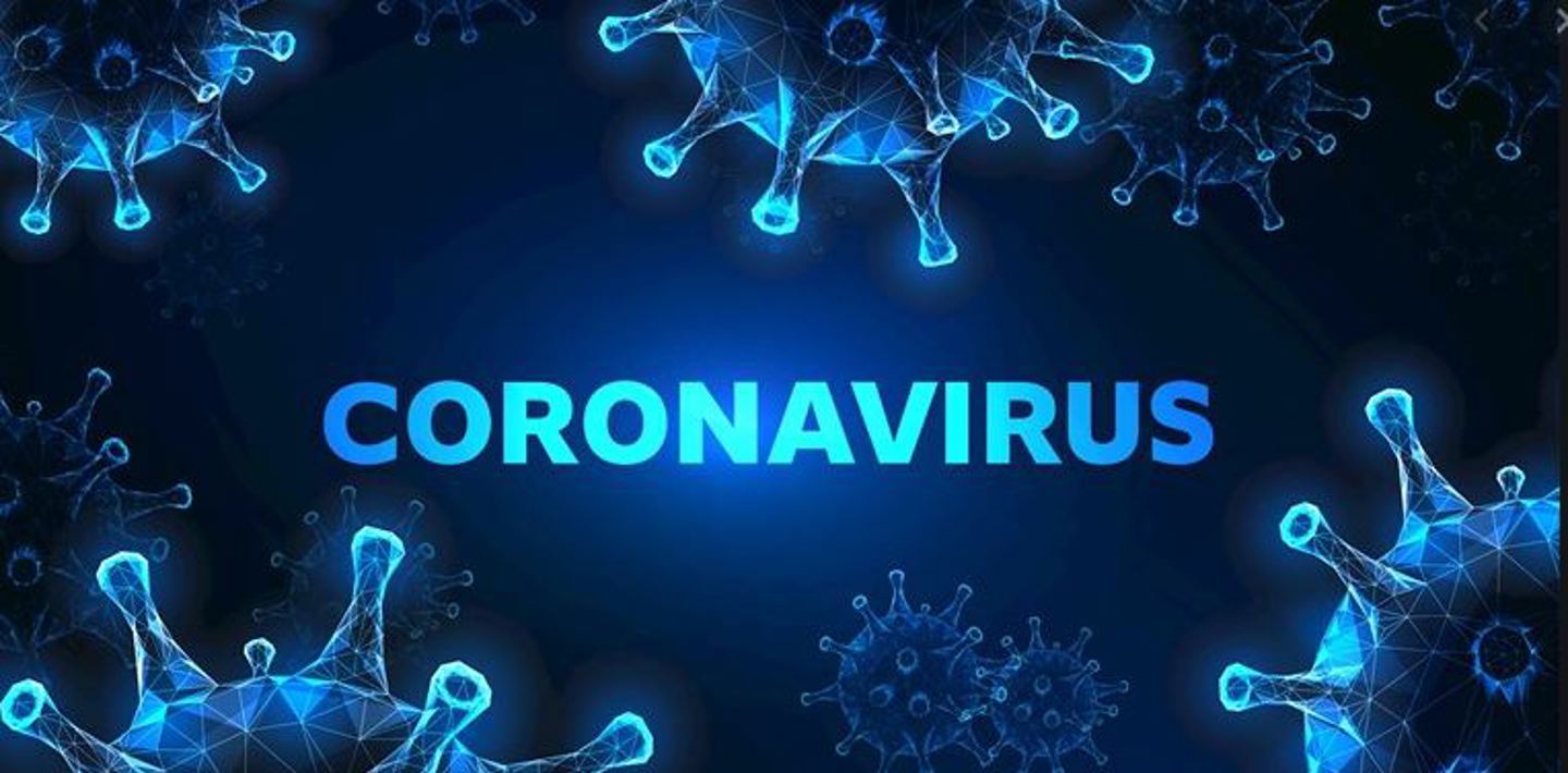 De tekst "coronavirus" omringt door virtuele virusdeeltjes