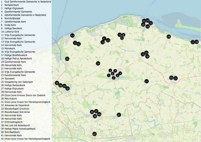 Kaart met een overzicht van alle kerken in de gemeente Sluis.
