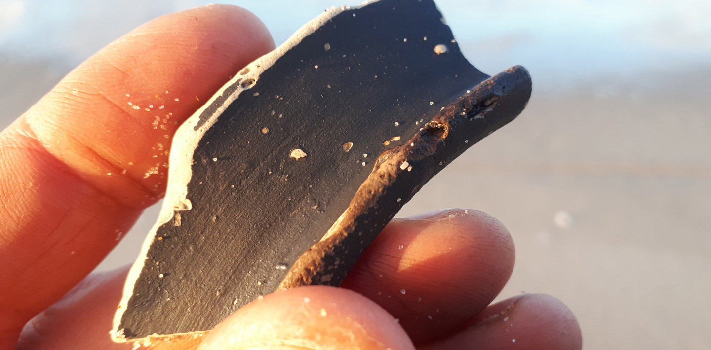 Hand met scherf van geverfd aardewerk uit de Romeinse tijd op het Banjaardstrand bij Vrouwenpolder (foto Marten Klop).