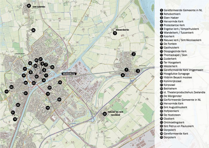 Kaart met een overzicht van alle kerken in de gemeente Middelburg.