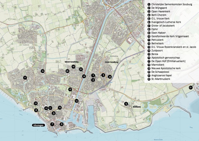 Kaart met een overzicht van alle kerken in de gemeente Vlissingen.