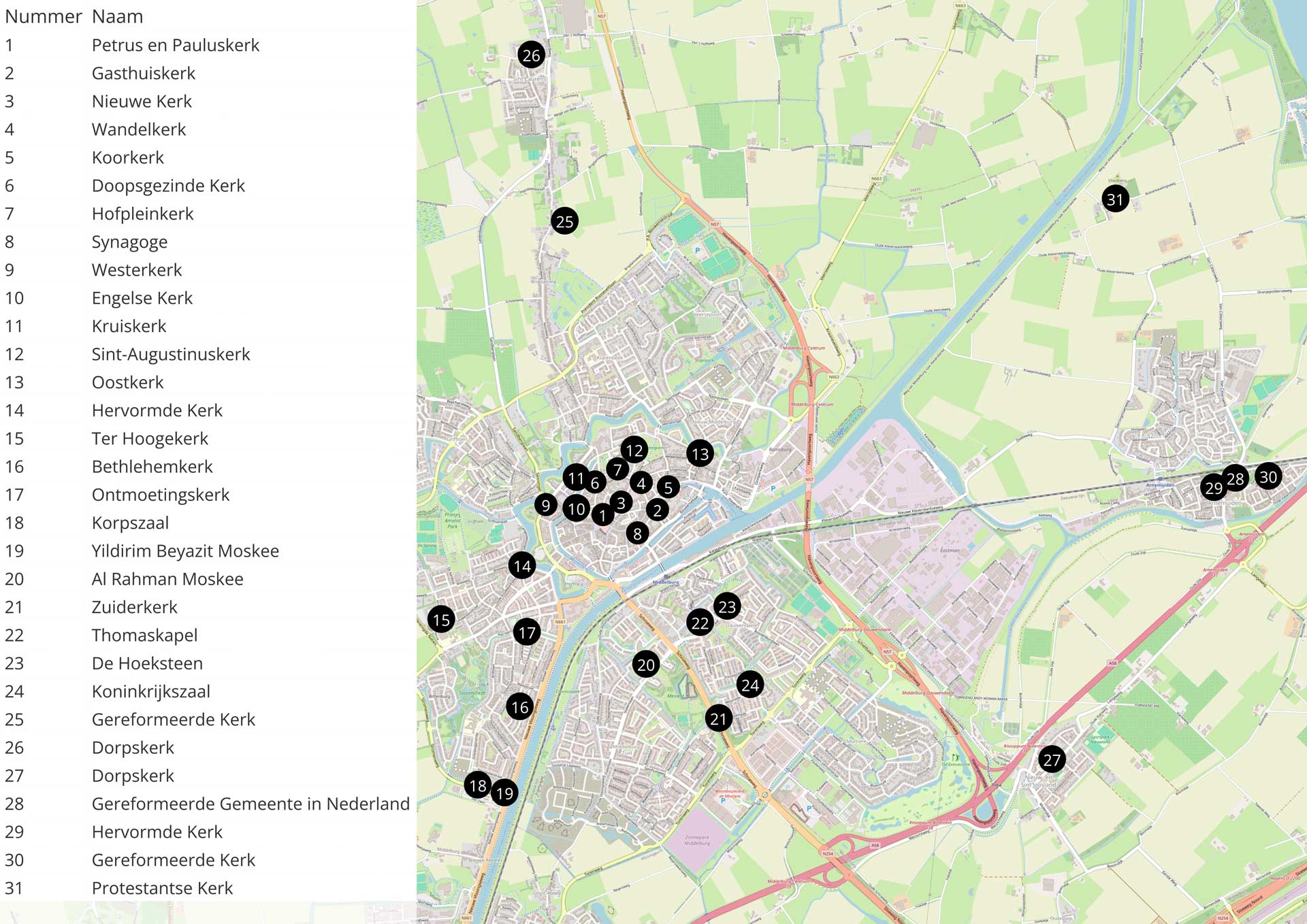 Kaart met een overzicht van alle kerken in de gemeente Middelburg.