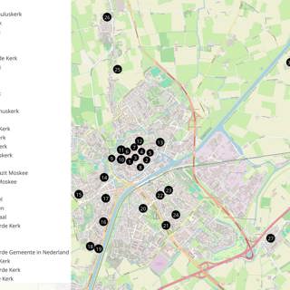 Kaart met een overzicht van alle kerken in de gemeente Middelburg.
