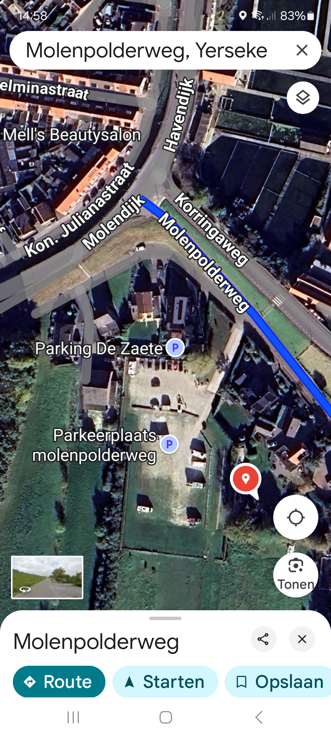 Kaart met aangeduide parkeerterreinen voor de excursie naar verdronken Nieuwlande.
