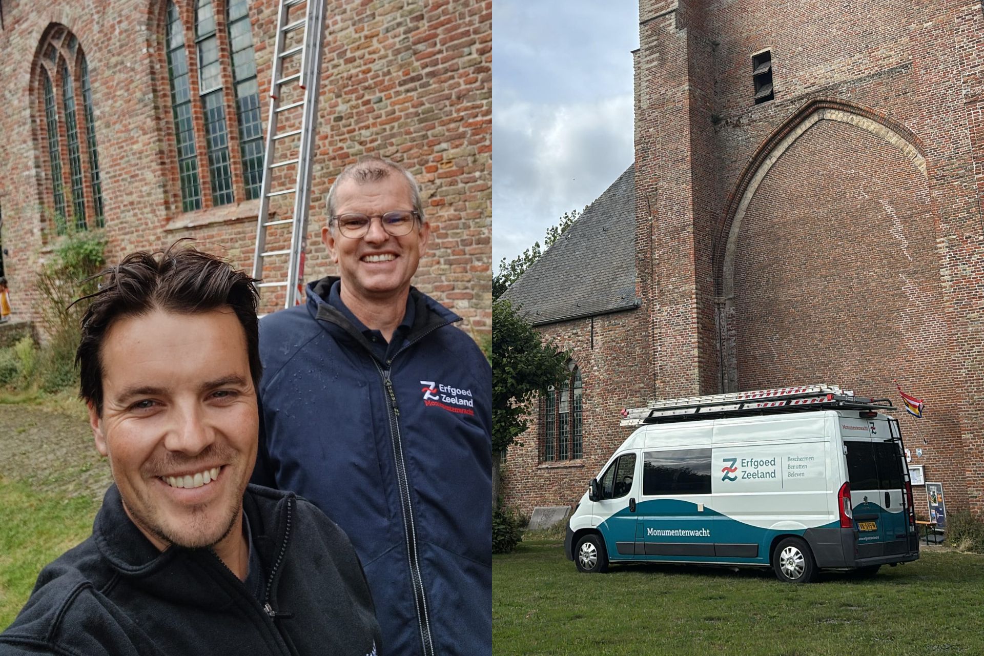 Monumentenwachters Sem en Wim vertellen bij de kerk over hun inspectiewerk.
