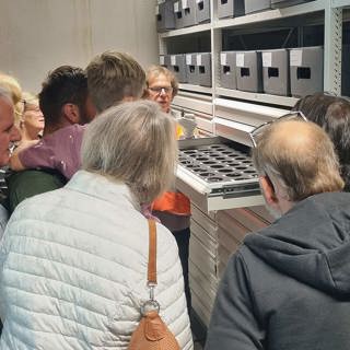 Verschillende mantelspelden bekijken die in het depot liggen opgeslagen.