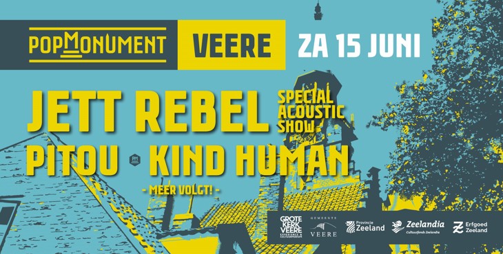 Header PopMonument 2024 in Veere, met artiestnamen en logo