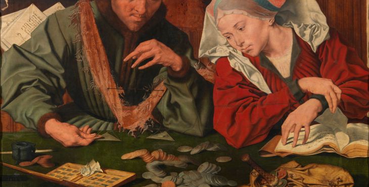 De geldwisselaar en zijn vrouw. Schilderij van Marinus van Reymerswaele uit 1539. Galería online, Museo del Prado, Madrid.