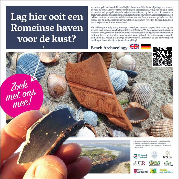 Ontwerp van het bord Beach Archaeology voor aan de strandpost bij Aloha Beach, op het strand van Oranjezon.