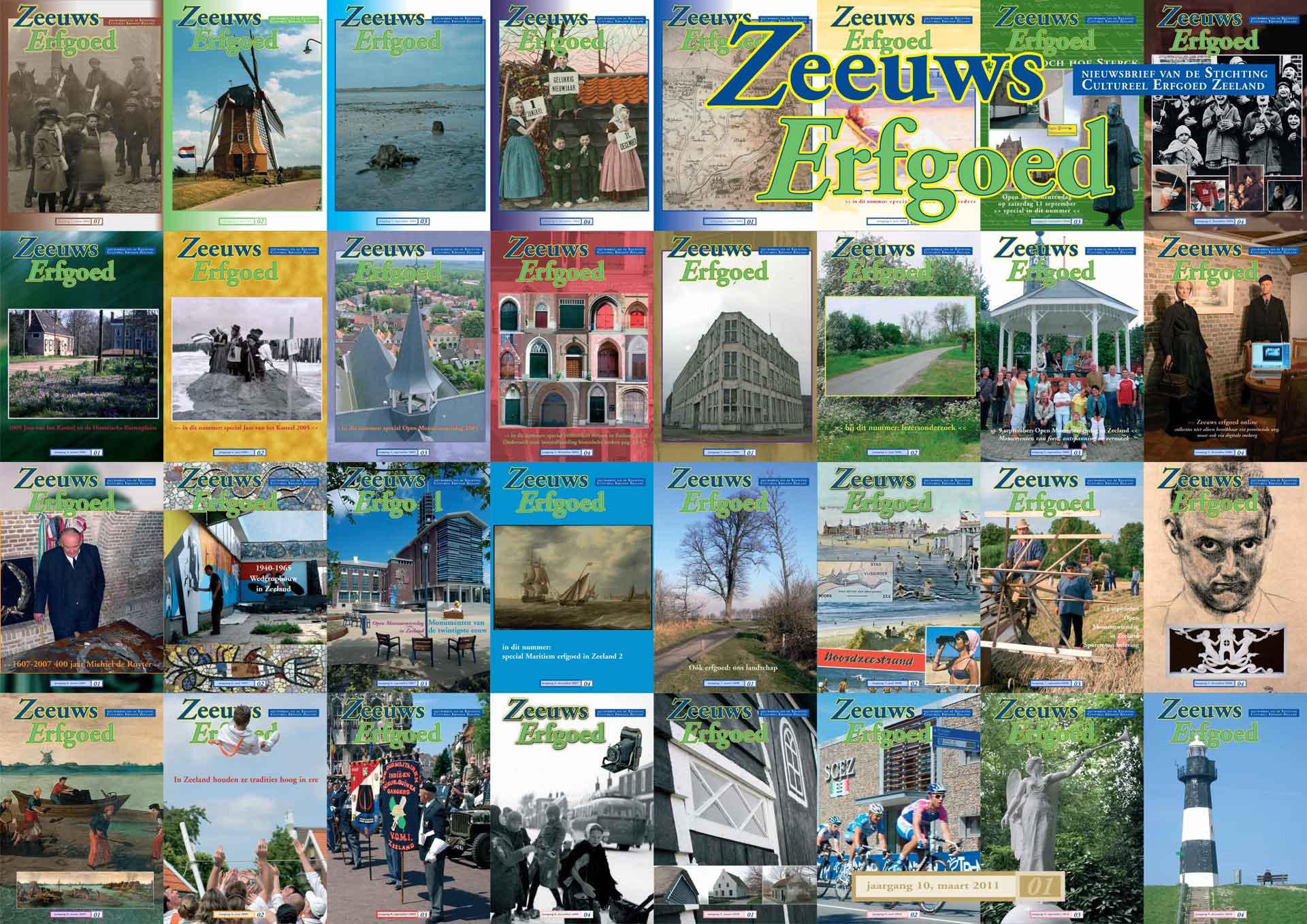 Collage van omslagen op het maartnummer van tijdschrift 'Zeeuws Erfgoed' in 2011.