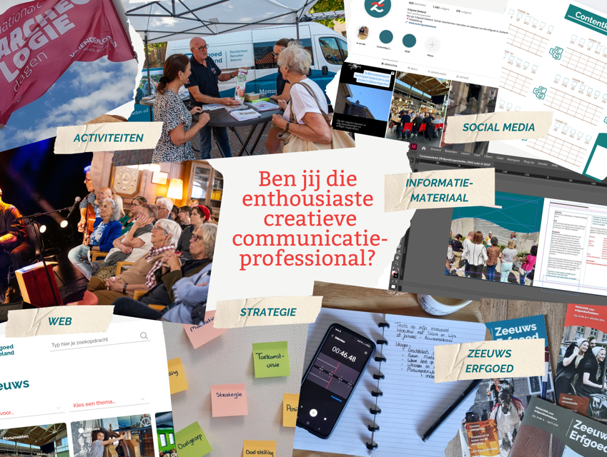 Collage van communicatie-uitingen van Erfgoed Zeeland en de oproep 