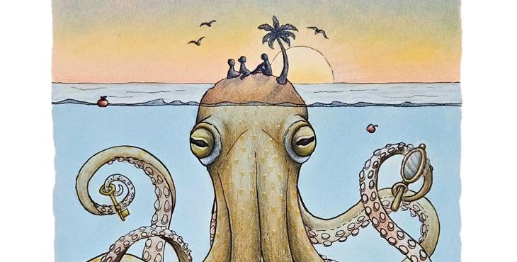 De afbeelding voor de wereldverteldag 2025 met daarop een octopus.